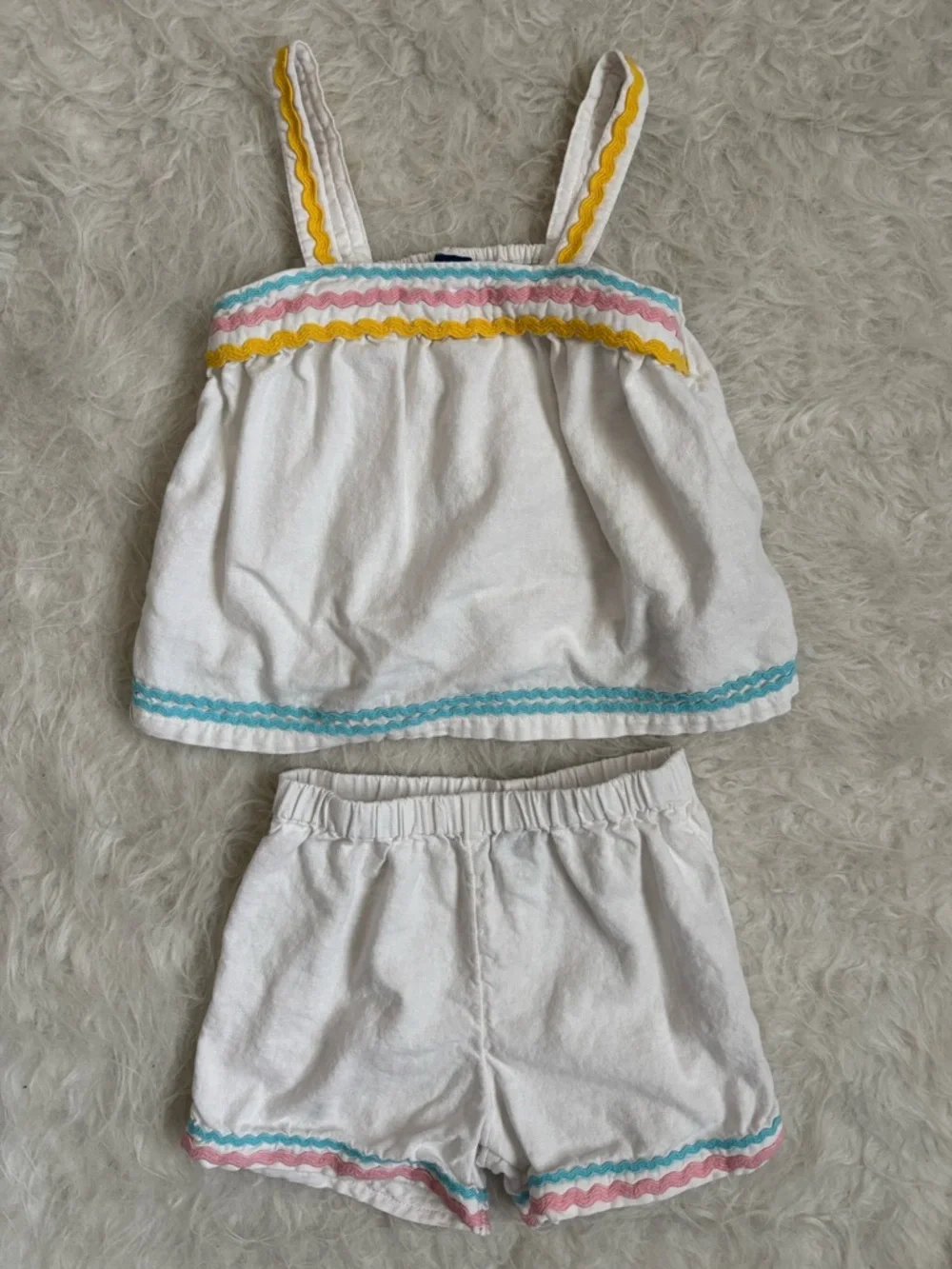 Old Navy White Girls Tank & Shorts Set with Yellow, Blue & Pink Trim